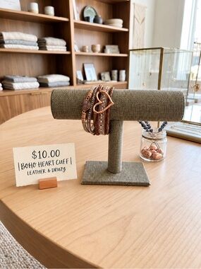 Boho Rose-Gold Heart Cuff Bracelet - Brown Leather with Druzy Accent